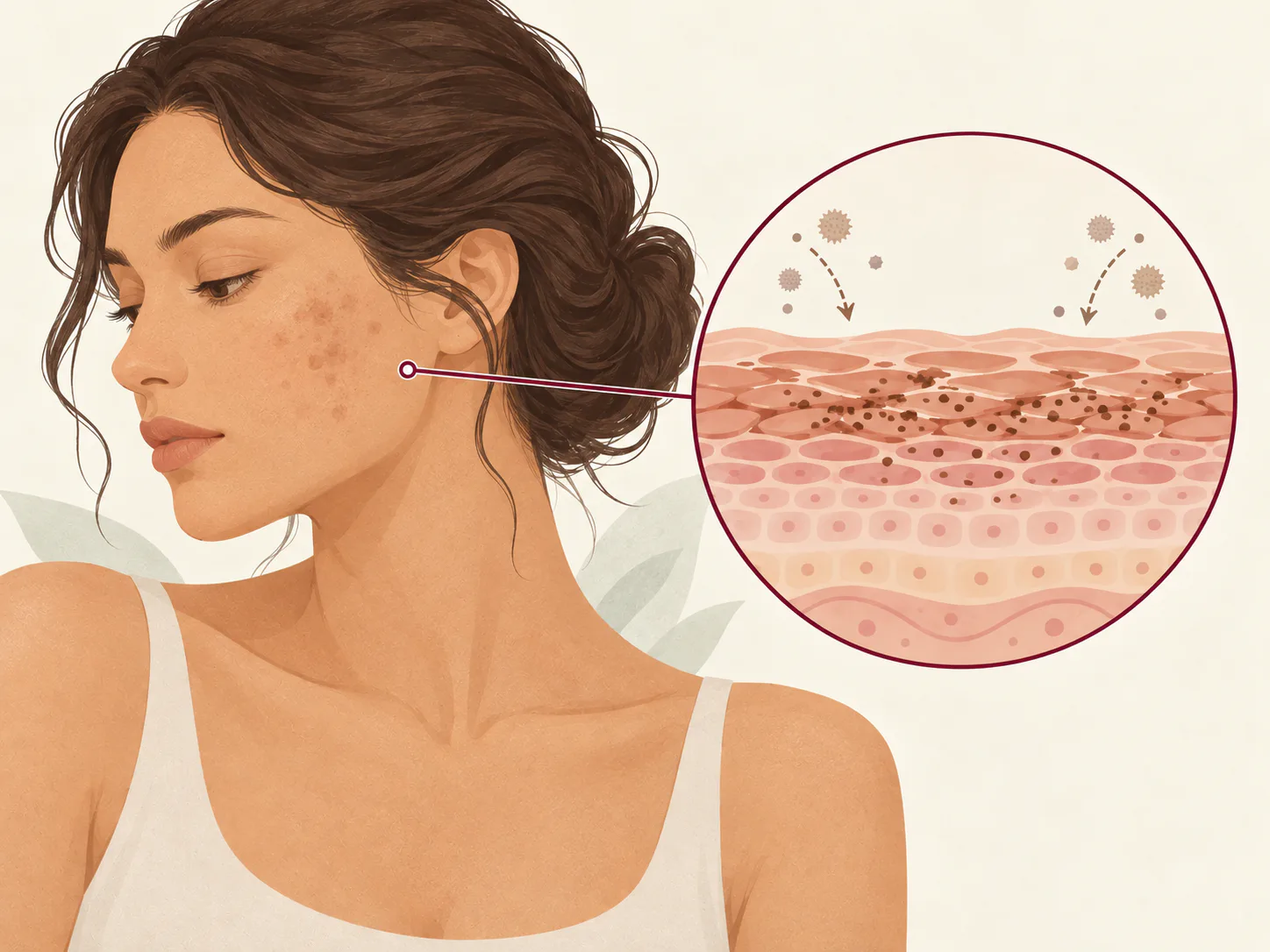 Educational illustration of flat post-inflammatory pigment marks and pigment accumulation in the epidermis